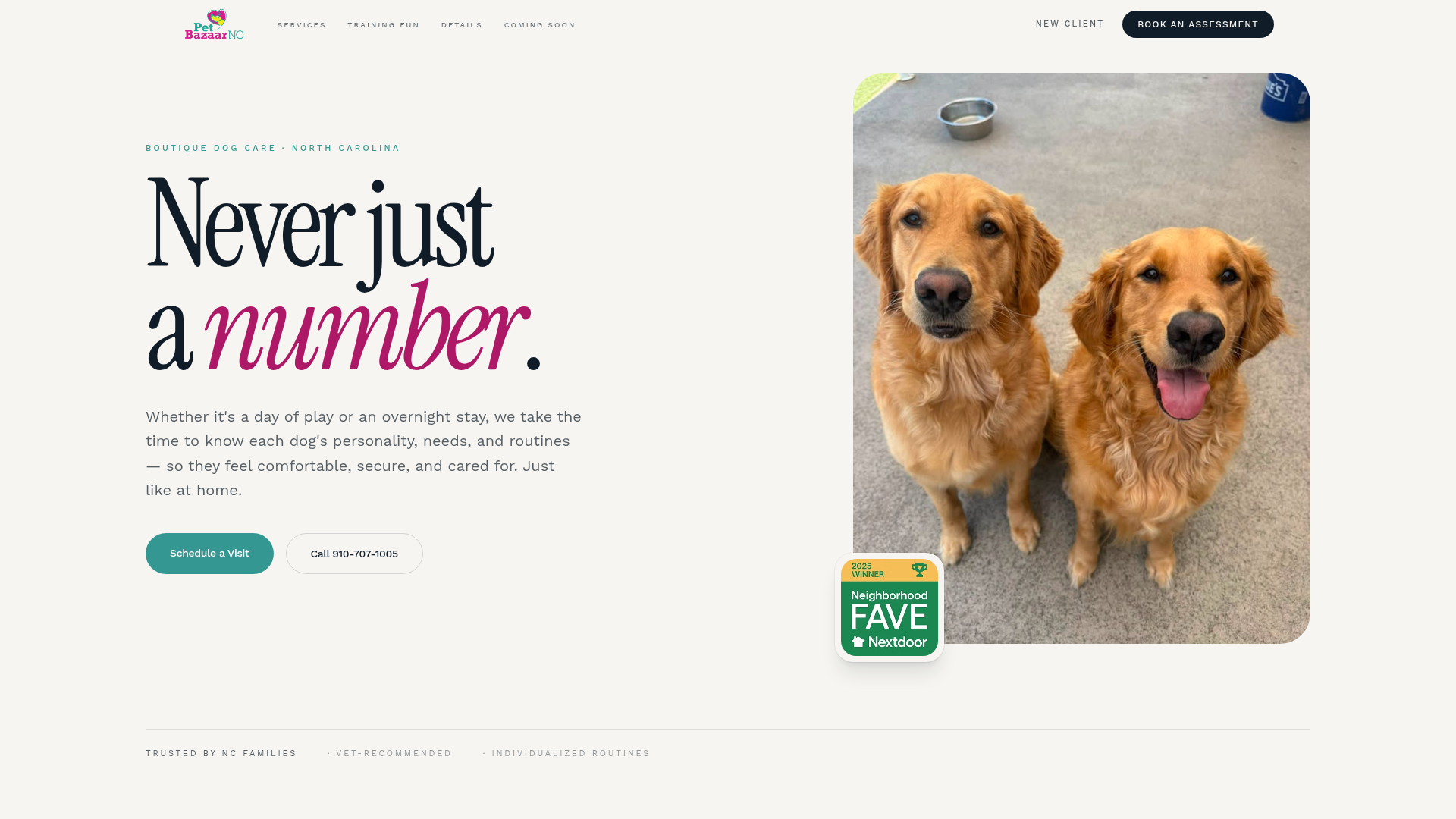 Homepage of Pet Bazaar NC, a boutique dog care website built by Nexa Web Design