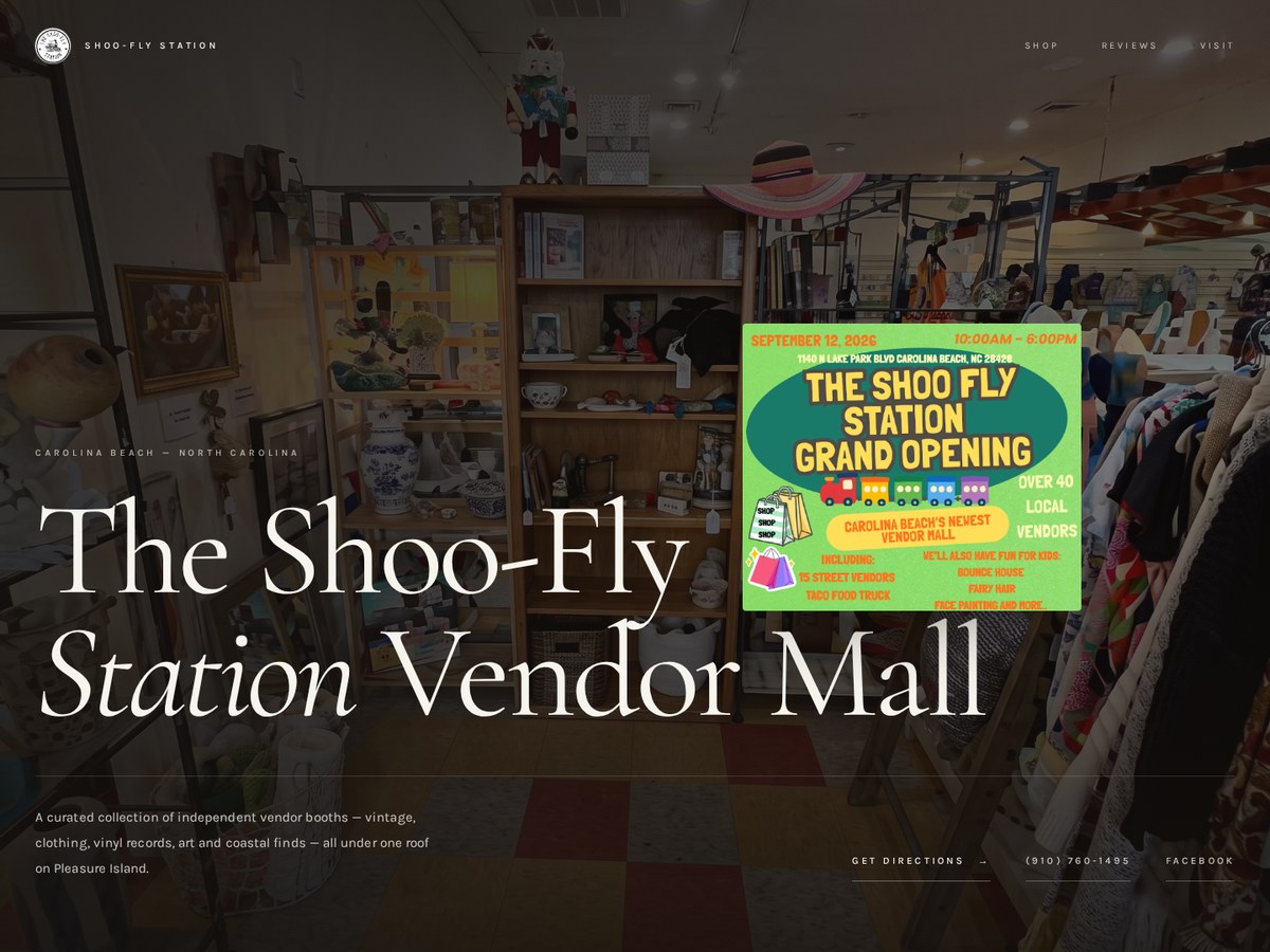 Homepage of The Shoo-Fly Station Vendor Mall in Carolina Beach, NC, built by Nexa Web Design